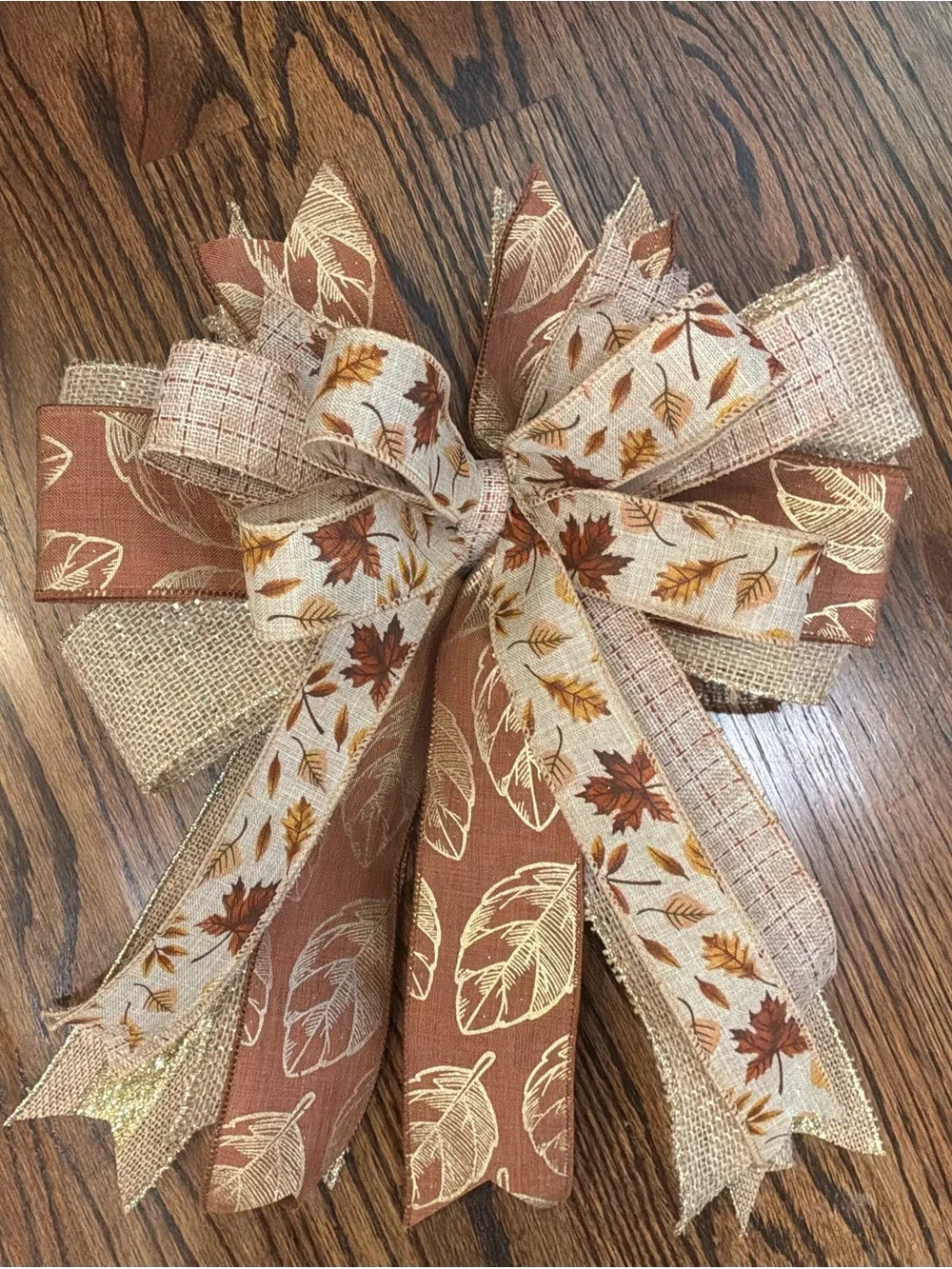 Autumn Leaf Burlap Bow – Rust & Cream Fall Wreath Accent